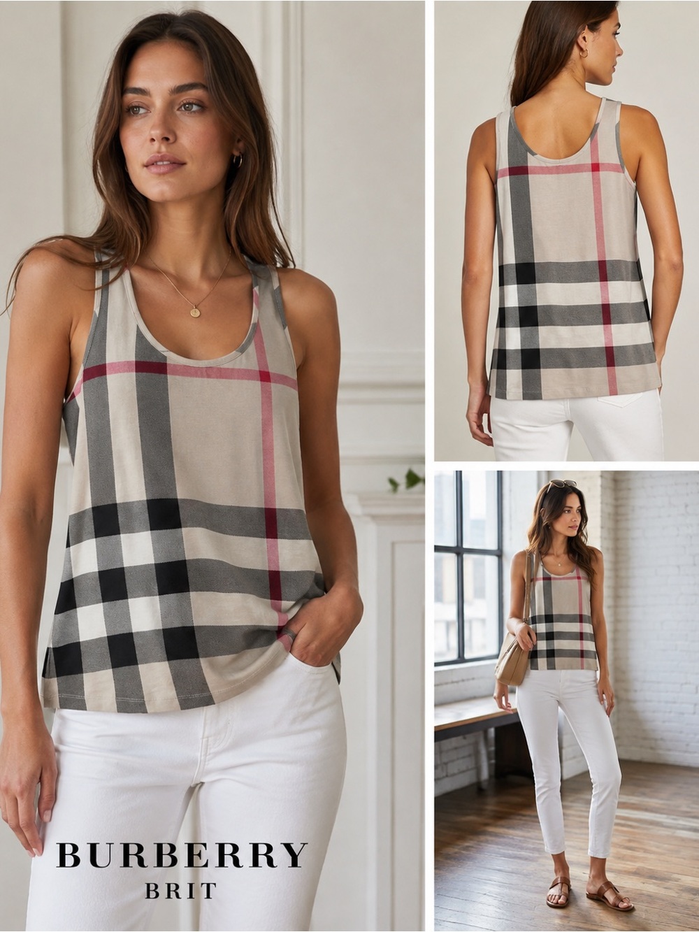 🖤MAKE OFFER🖤 Burberry Brit Plaid Scoop Neck Tank Plaid Black Red Tan Size Large